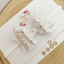 Load image into Gallery viewer, Iridescent White and Silver Glitter Hair Bow - Glitter Hair Bow Hair Clip or Headband
