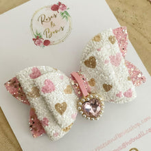 Load image into Gallery viewer, Pink Pearl Glitter Heart Charm Valentine’s Day Hair Bow Headband or Clip