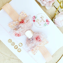Load image into Gallery viewer, Peach Blush Floral Transparent Glitter Bow Headband or Clip