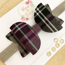 Load image into Gallery viewer, Grey and purple school tartan Headband or Clip