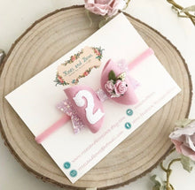 Load image into Gallery viewer, Birthday Hair Bow Hair Bow Headband or Clip - customisable - choice of colours
