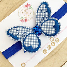 Load image into Gallery viewer, Royal blue School Gingham butterfly Hair Bow Headband or Clip