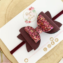 Load image into Gallery viewer, Berry Fall Glitter and leatherette Hair Bow Headband or Clip