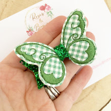 Load image into Gallery viewer, Green School Gingham butterfly Hair Bow Headband or Clip