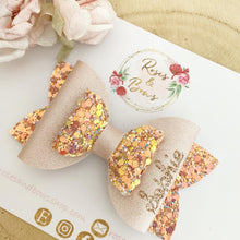 Load image into Gallery viewer, Peach blush and rose gold Personalised Name Hair Bow Headband or Clip