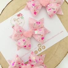 Load image into Gallery viewer, Pink Heart Glitter Valentine’s Day Hair Bow Headband or Clip