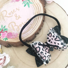 Load image into Gallery viewer, Leopard Heart Hair Bow Headband or Clip Transparent Valentine’s Bow with Charm