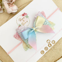 Load image into Gallery viewer, Rainbow Glitter snd Satin Hair Bow Headband or Clip