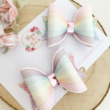 Load image into Gallery viewer, Rainbow Embroidered Leatherette and Glitter Bow Headband or Clip