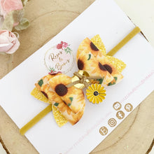 Load image into Gallery viewer, Sunflower charm Glitter Hair Bow Headband or Clip