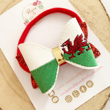 Load image into Gallery viewer, Welsh Flag St David’s Day Embroidered Leatherette and Glitter Bow Headband or Clip