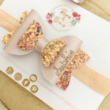 Load image into Gallery viewer, Peach blush and rose gold Personalised Name Hair Bow Headband or Clip