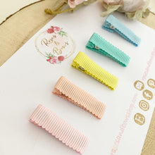 Load image into Gallery viewer, Rainbow Ribbon Fringe Clips Pack 5 - Small Clips - Mini Clips - Clip Pack - Baby Hair Clips - Toddler Hair Clips - Lined hair clip
