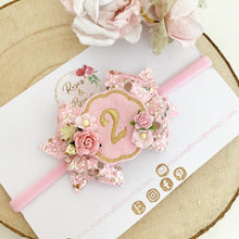 Load image into Gallery viewer, Pink and Gold Birthday Hair Bow Headband or Clip
