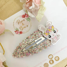 Load image into Gallery viewer, Easter Bunny Glitter and Felt large snap clip Grey and Pink