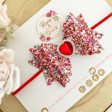 Load image into Gallery viewer, Red Glitter Rhinestone Heart Valentine’s Day Hair Bow Headband or Clip