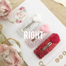 Load image into Gallery viewer, Valentine’s glitter and velvet heart scalloped snap clip set