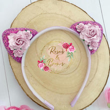 Load image into Gallery viewer, Purple glitter cat ears headband
