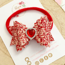 Load image into Gallery viewer, Valentines Red and Pink Heart Glitter Hair Bow Headband or Clip