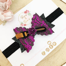Load image into Gallery viewer, Purple Witch Broomstick Halloween Glitter Bow Headband or Clip