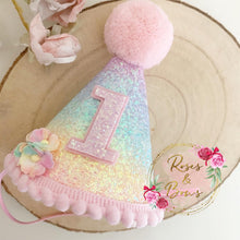 Load image into Gallery viewer, Rainbow glitter party hat- Pom Pom glitter party hat - cake smash prop - birthday accessory