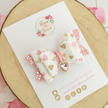 Load image into Gallery viewer, Pink Pearl Glitter Heart Charm Valentine’s Day Hair Bow Headband or Clip