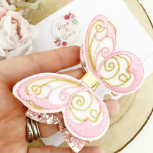Load image into Gallery viewer, Pink and Gold Glitter Butterfly Bow Headband or Clip