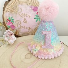 Load image into Gallery viewer, Rainbow glitter party hat- Pom Pom glitter party hat - cake smash prop - birthday accessory