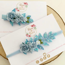 Load image into Gallery viewer, Blue flower and leaf headband or clip - Flower Crown Headband