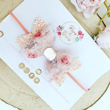 Load image into Gallery viewer, Peach Blush Floral Transparent Glitter Bow Headband or Clip