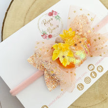 Load image into Gallery viewer, Orange Peach Pumpkin Tulle Glitter Bow Headband or Clip