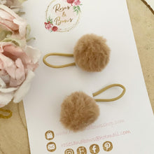 Load image into Gallery viewer, Beige Pom Pom Faux Fur Bobble Hair Ties Set of 2