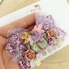 Load image into Gallery viewer, Purple Pumpkin Tulle Glitter Bow Headband or Clip