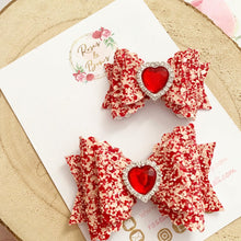 Load image into Gallery viewer, Valentines Red and Pink Heart Glitter Hair Bow Headband or Clip