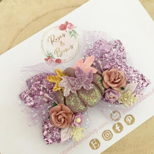 Load image into Gallery viewer, Purple Pumpkin Tulle Glitter Bow Headband or Clip
