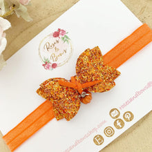 Load image into Gallery viewer, Orange Pumpkin Charm Glitter Bow Headband or Clip