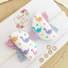 Load image into Gallery viewer, Dinosaur Rainbow Hair Bow Headband or clip