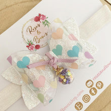 Load image into Gallery viewer, Rainbow Heart Charm Hair Bow Headband or clip