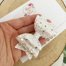 Load image into Gallery viewer, Iridescent White and Silver Glitter Hair Bow - Glitter Hair Bow Hair Clip or Headband