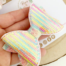 Load image into Gallery viewer, Rainbow sequin embroidered Leatherette and Glitter Bow Headband or Clip