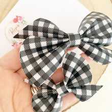Load image into Gallery viewer, Black and White Gingham Leatherette Hair Bow Headband or Clip