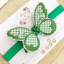 Load image into Gallery viewer, Green School Gingham butterfly Hair Bow Headband or Clip