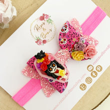 Load image into Gallery viewer, Pink Day of the Dead Glitter Bow Headband or Clip