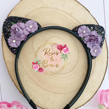Load image into Gallery viewer, Black and purple glitter cat ears headband