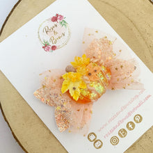 Load image into Gallery viewer, Orange Peach Pumpkin Tulle Glitter Bow Headband or Clip