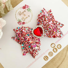 Load image into Gallery viewer, Red Glitter Rhinestone Heart Valentine’s Day Hair Bow Headband or Clip