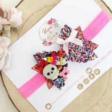 Load image into Gallery viewer, Trick or Treat Candy Corn Glitter Bow Headband or Clip
