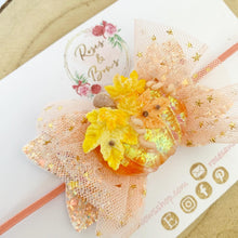 Load image into Gallery viewer, Orange Peach Pumpkin Tulle Glitter Bow Headband or Clip