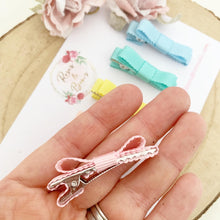 Load image into Gallery viewer, Rainbow Ribbon Bow Fringe Clips Pack 5 - Small Clips - Mini Clips - Clip Pack - Baby Hair Clips - Toddler Hair Clips - Lined hair clip