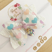 Load image into Gallery viewer, Rainbow Heart Charm Hair Bow Headband or clip